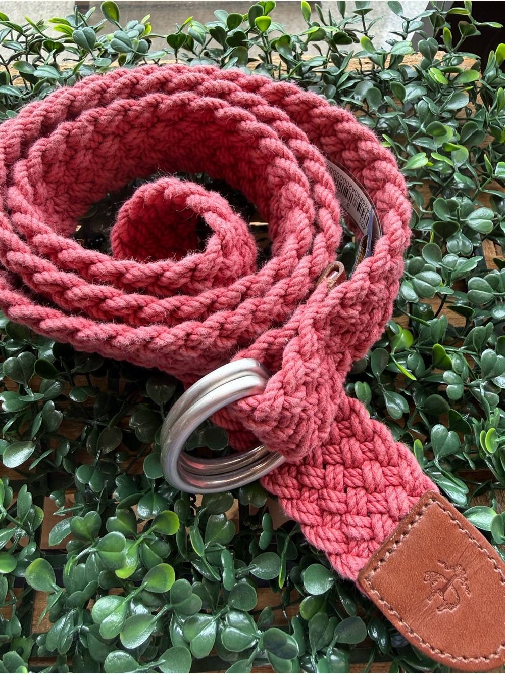 Brooks Brothers Pink/Red Crochet Cotton D-Ring Belt  Boho Leather Trim LG NWT